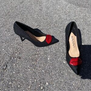 Black Glitter Red Lip Embellished High Heel Pumps Size 8